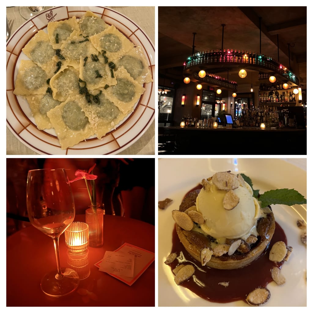 Food and dining collage from New York City — a plate of ravioli with herbs and parmesan, a dimly lit restaurant bar with colourful pendant lights, a wine glass and candle on a table in moody red lighting, and a dessert of pancakes topped with vanilla ice cream and almonds in chocolate sauce.