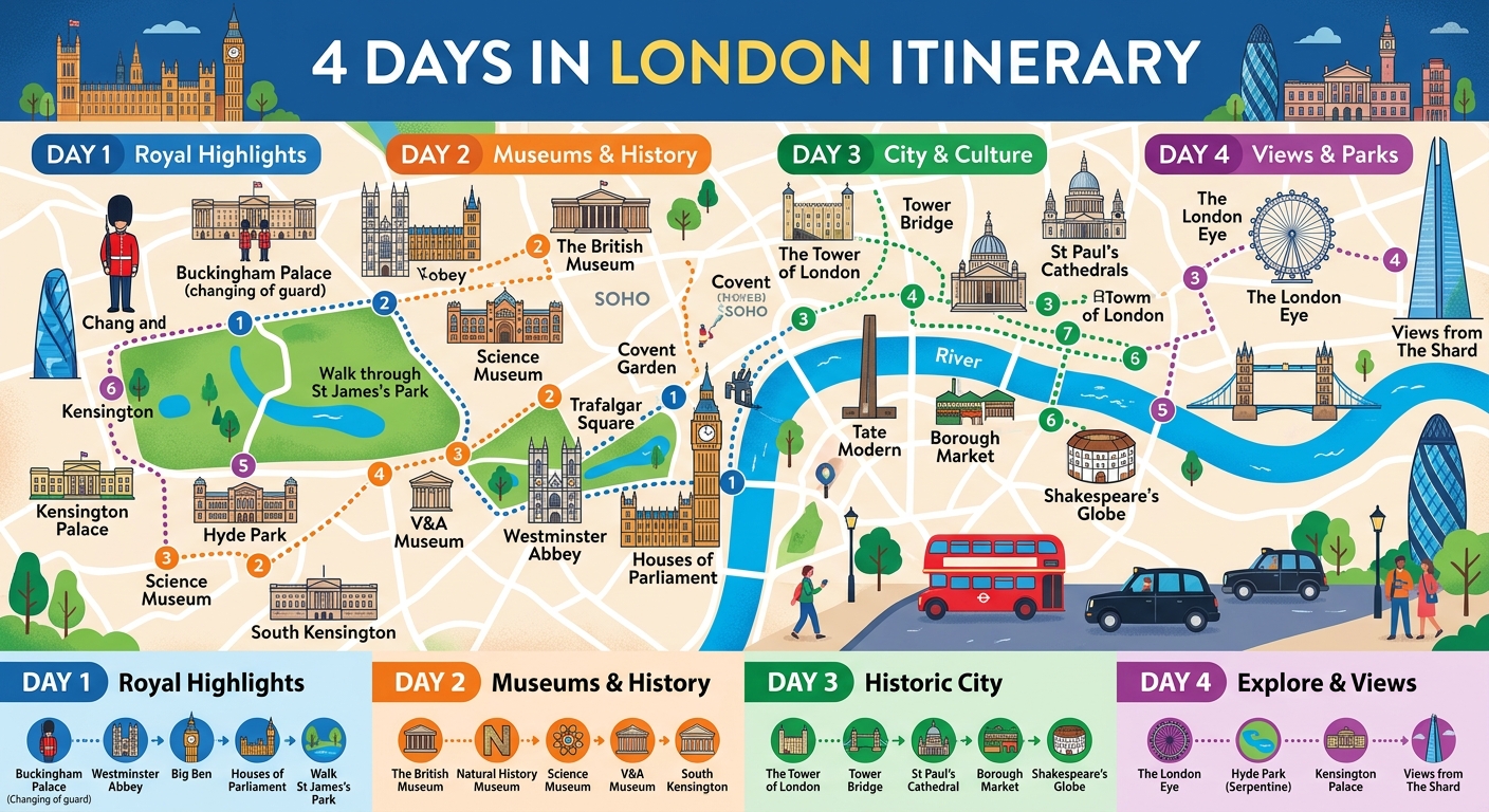 Illustration for article: The Best 4 Days in London Itinerary (Step-by-Step)