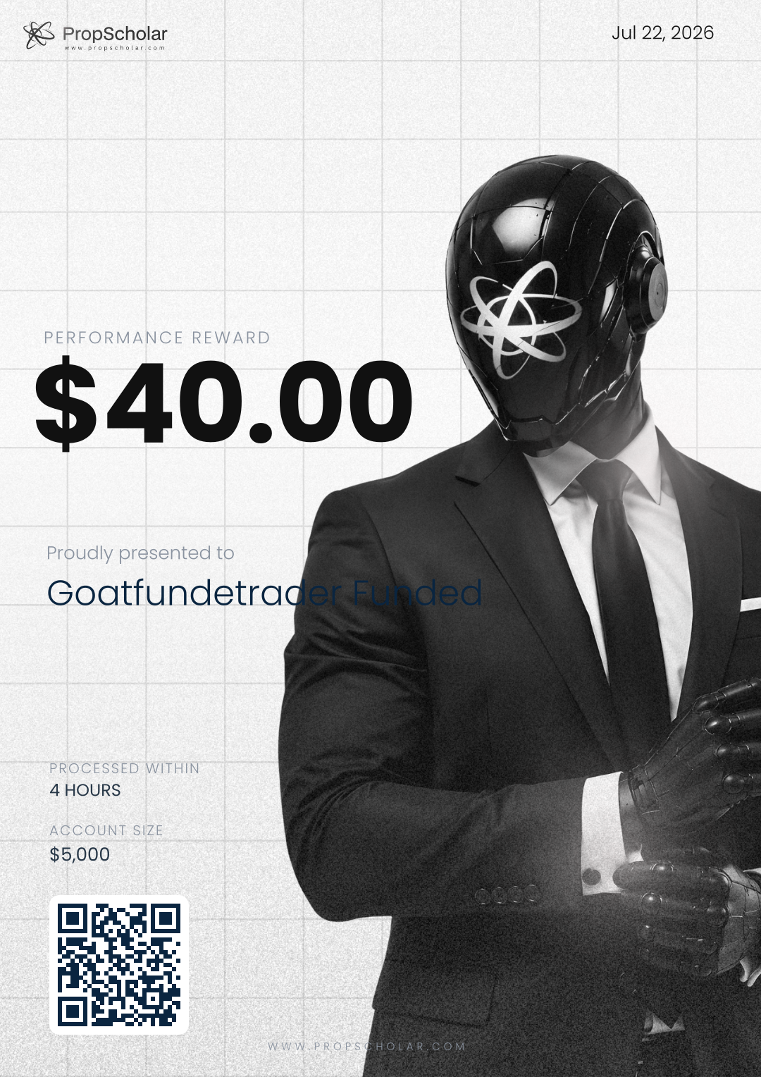 PropScholar verified payout certificate — Goatfundetrader Funded, $40