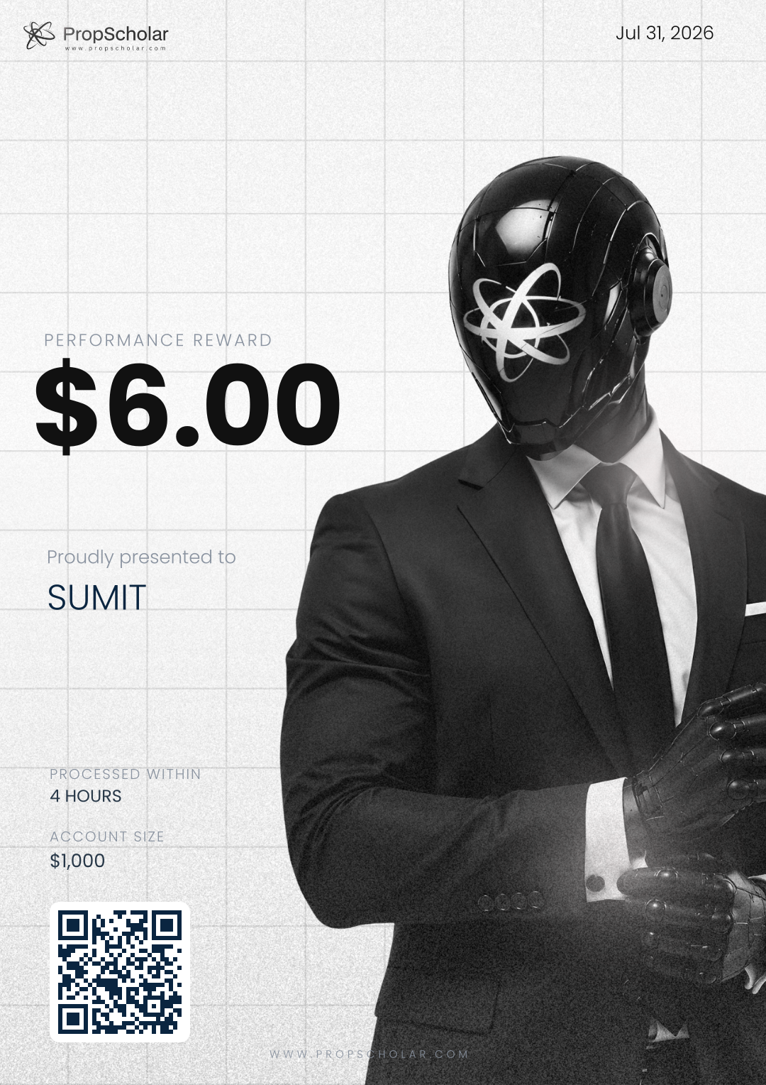 PropScholar payout certificate — SUMIT, $6, July 31, 2026