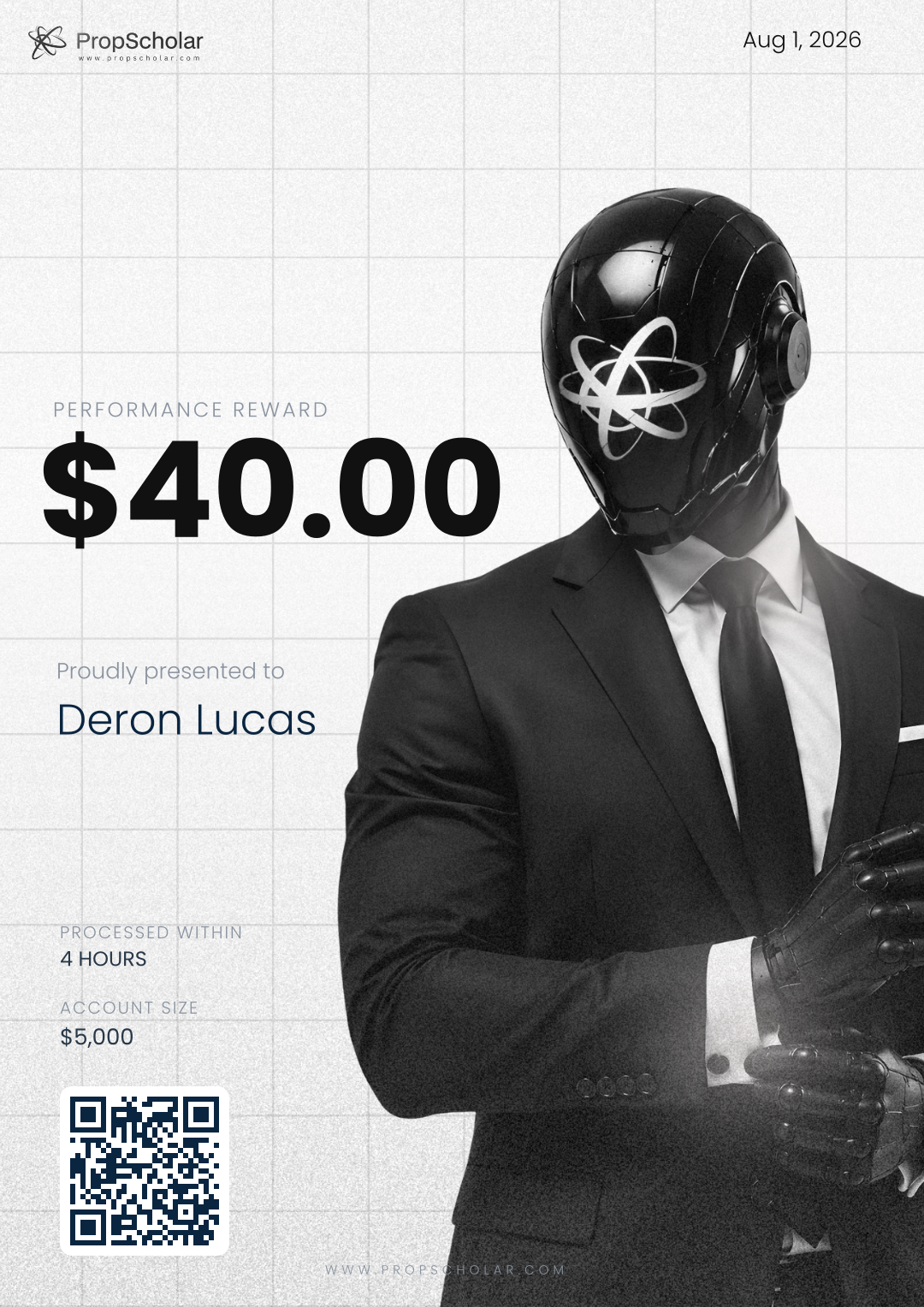PropScholar payout certificate — Deron Lucas, $40, August 1, 2026