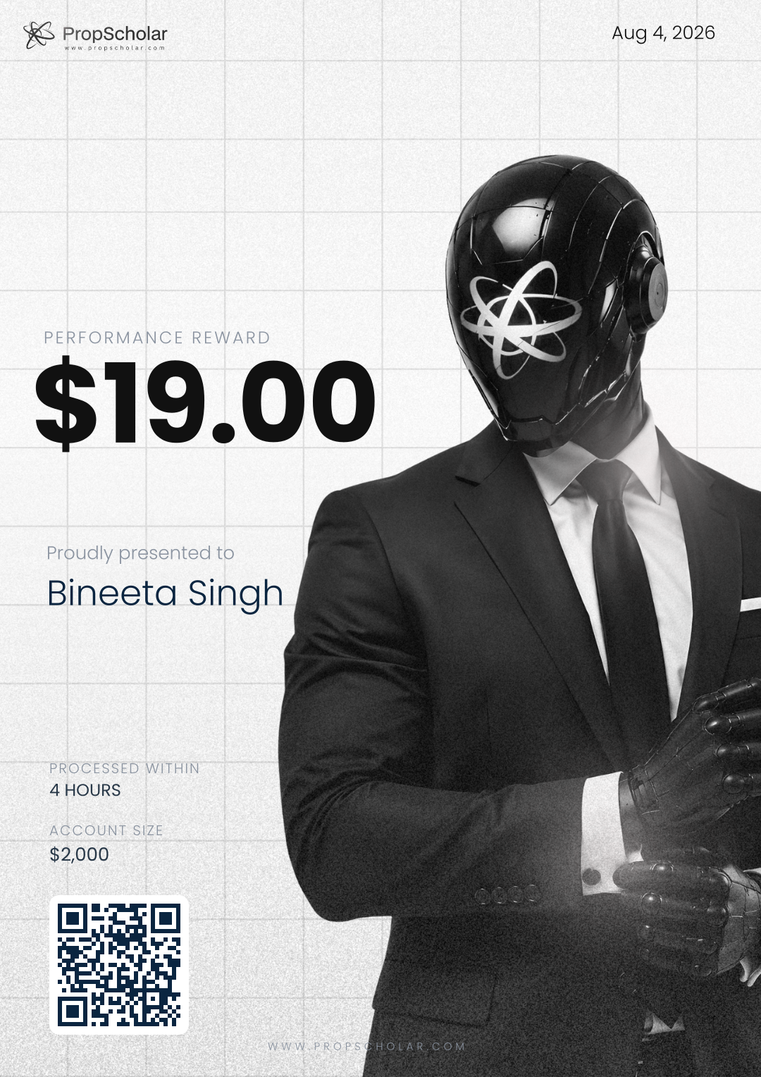 PropScholar payout certificate — Bineeta Singh, $19, January 16, 2026