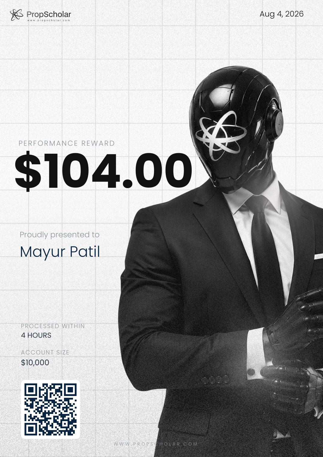 PropScholar payout certificate — Mayur Patil, $104, January 21, 2026