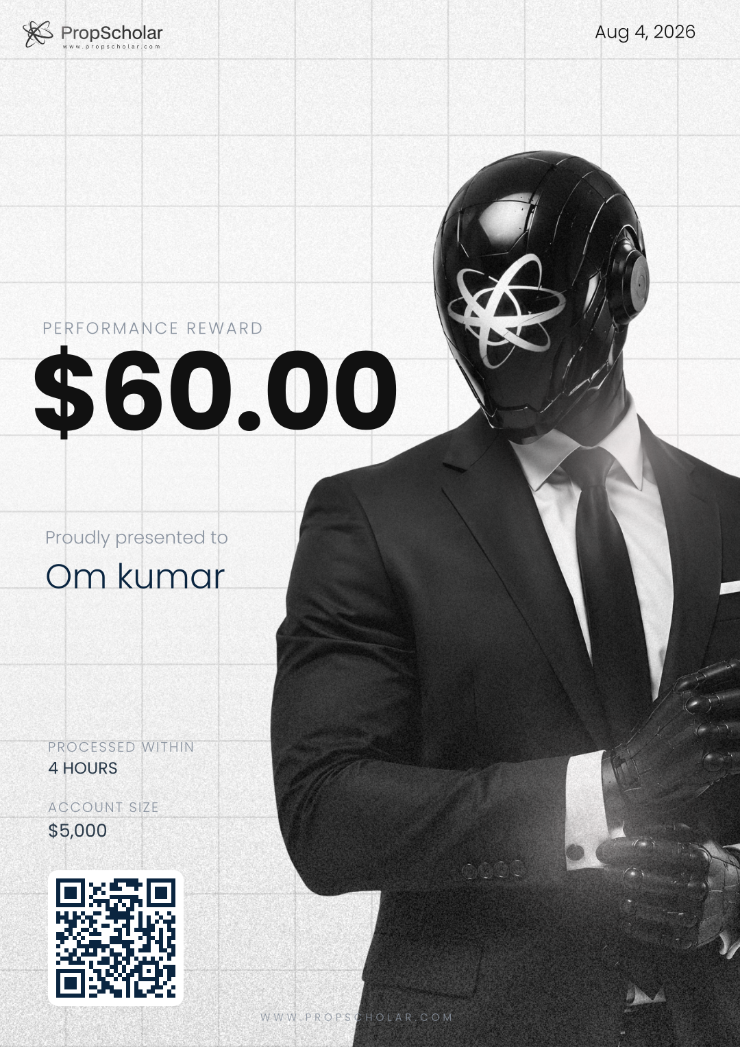 PropScholar payout certificate — Om kumar, $60, February 3, 2026