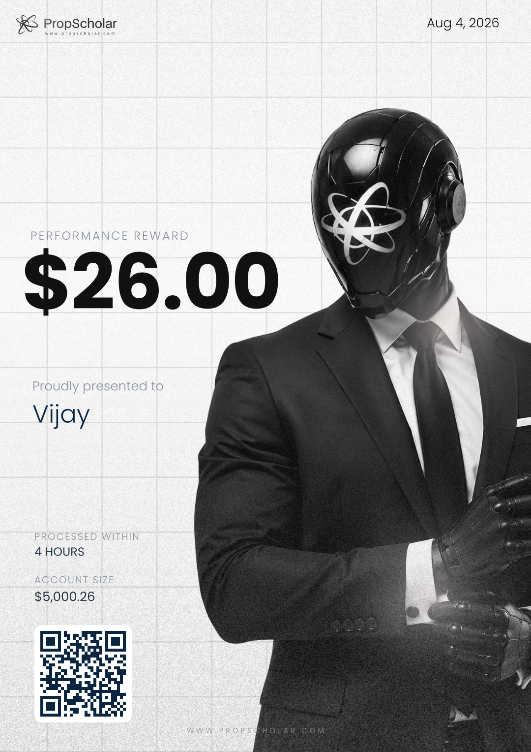 PropScholar payout certificate — Vijay, $26, February 3, 2026
