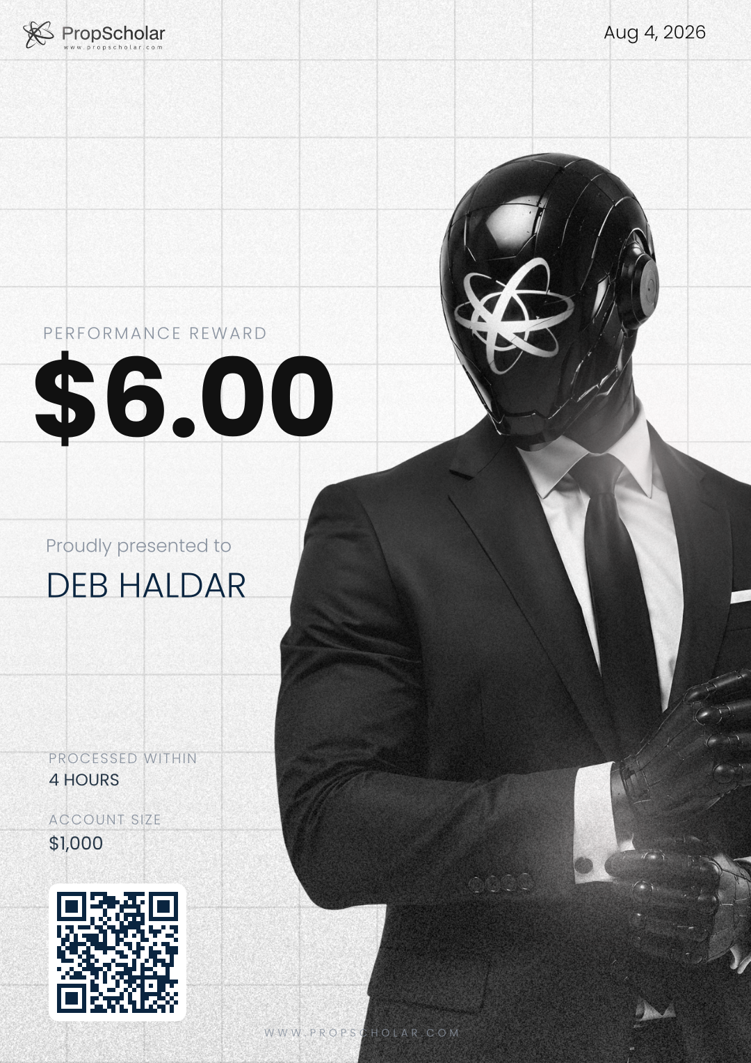 PropScholar payout certificate — DEB HALDAR, $6, February 11, 2026