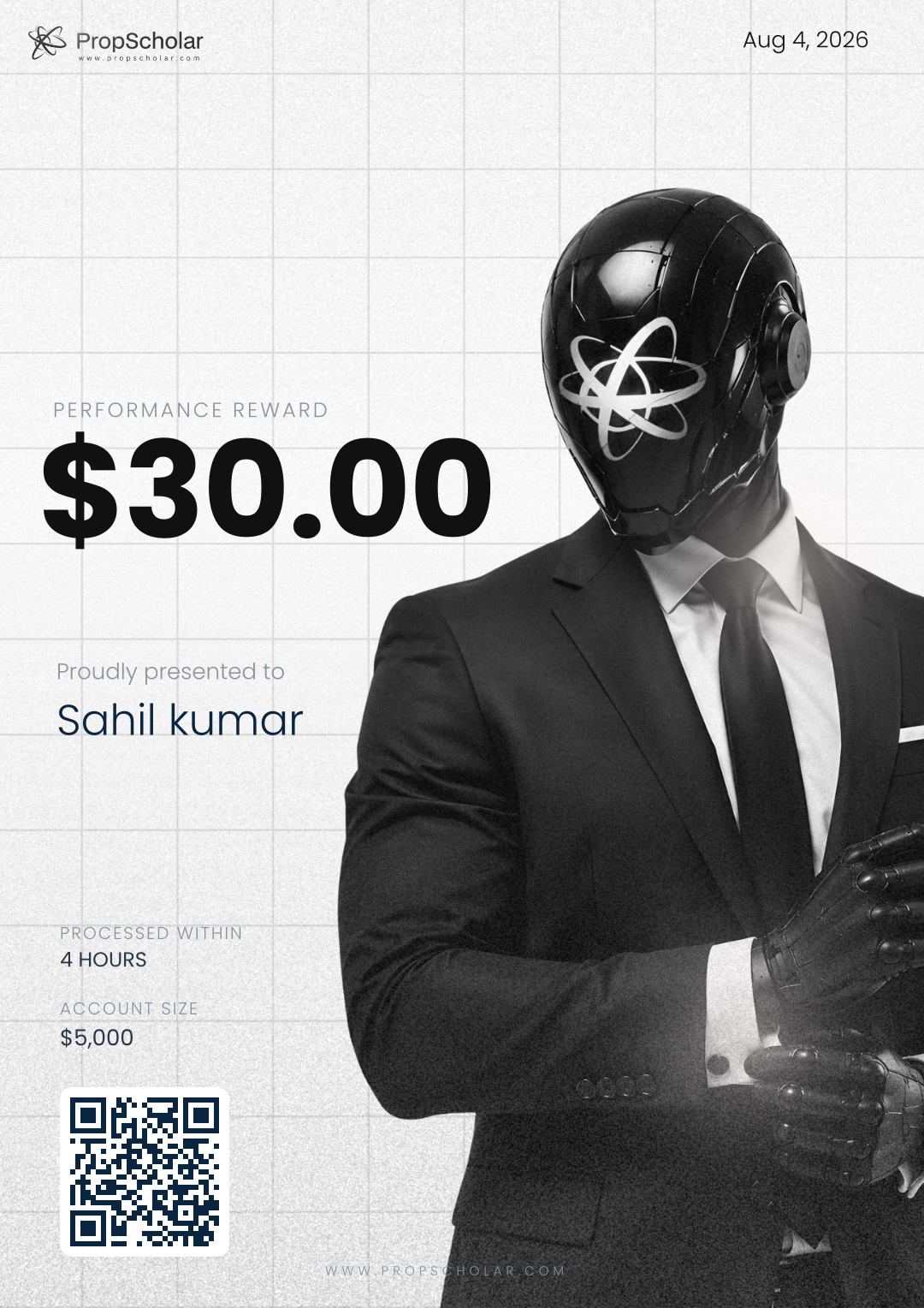 PropScholar payout certificate — Sahil kumar, $30, February 19, 2026