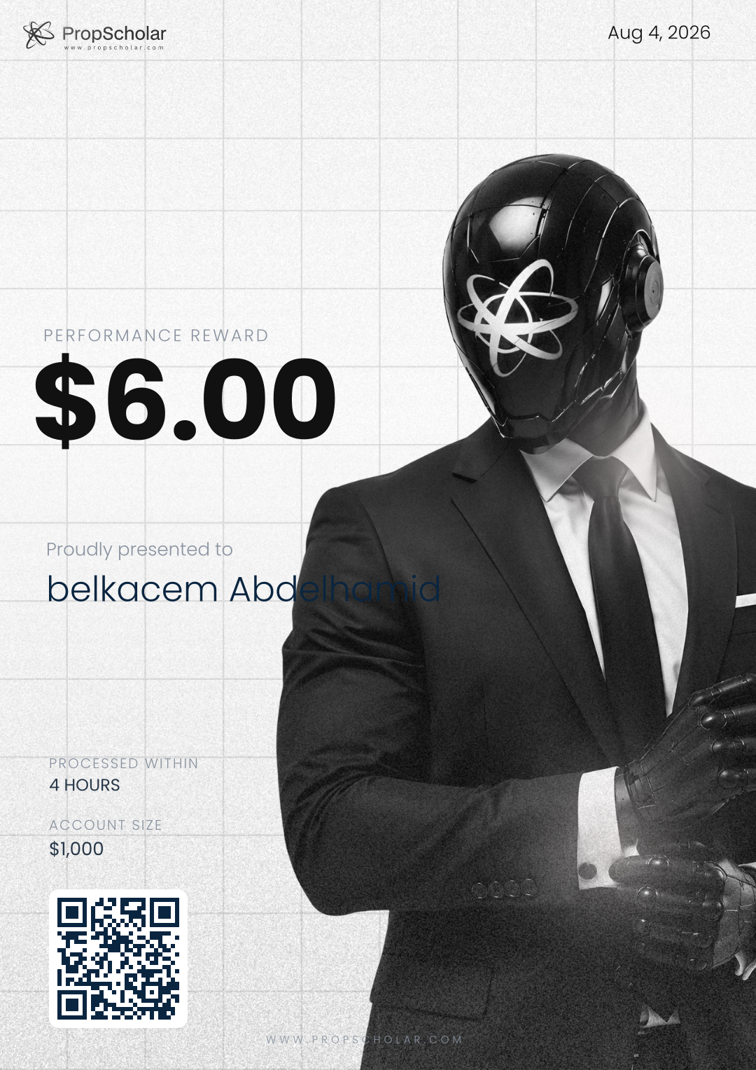 PropScholar payout certificate — belkacem Abdelhamid, $6, March 3, 2026