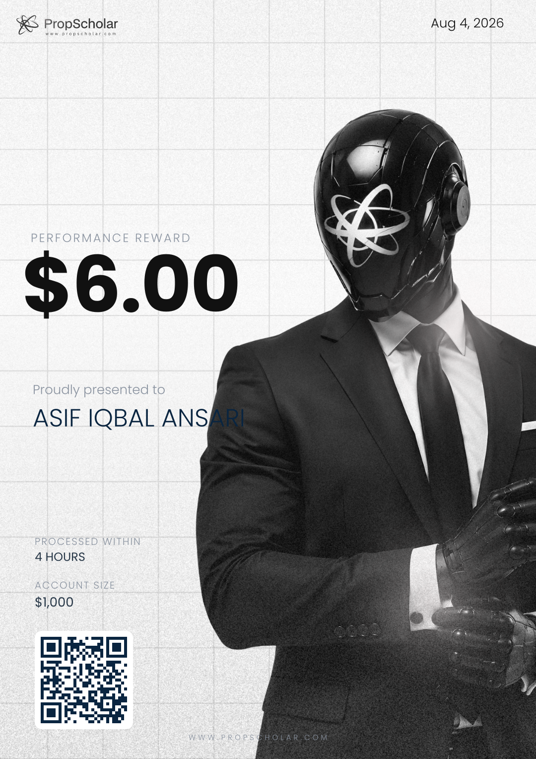 PropScholar payout certificate — ASIF IQBAL ANSARI, $6, February 24, 2026