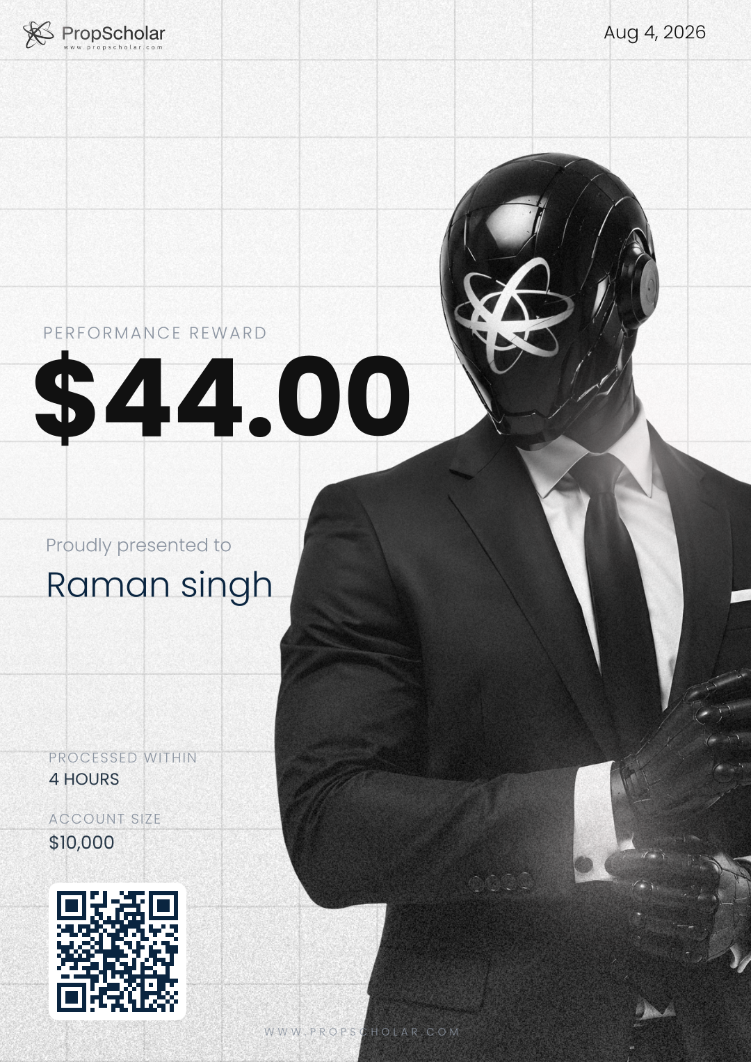 PropScholar payout certificate — Raman singh, $44, March 13, 2026