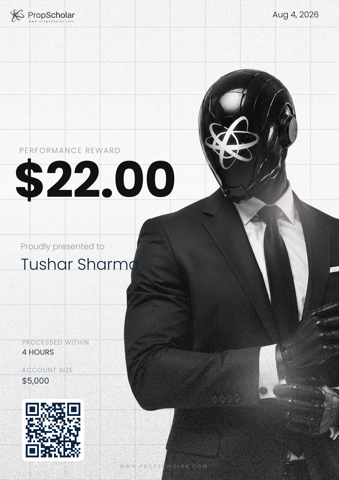PropScholar payout certificate — Tushar Sharma, $22, March 22, 2026
