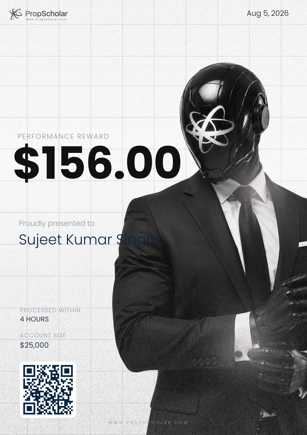 PropScholar payout certificate — Sujeet Kumar Singh, $156, August 5, 2026
