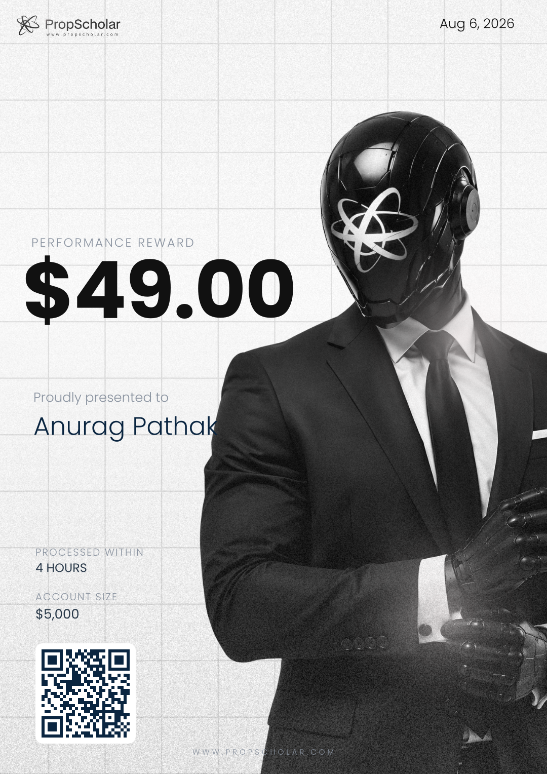 PropScholar payout certificate — Anurag Pathak, $49, August 6, 2026