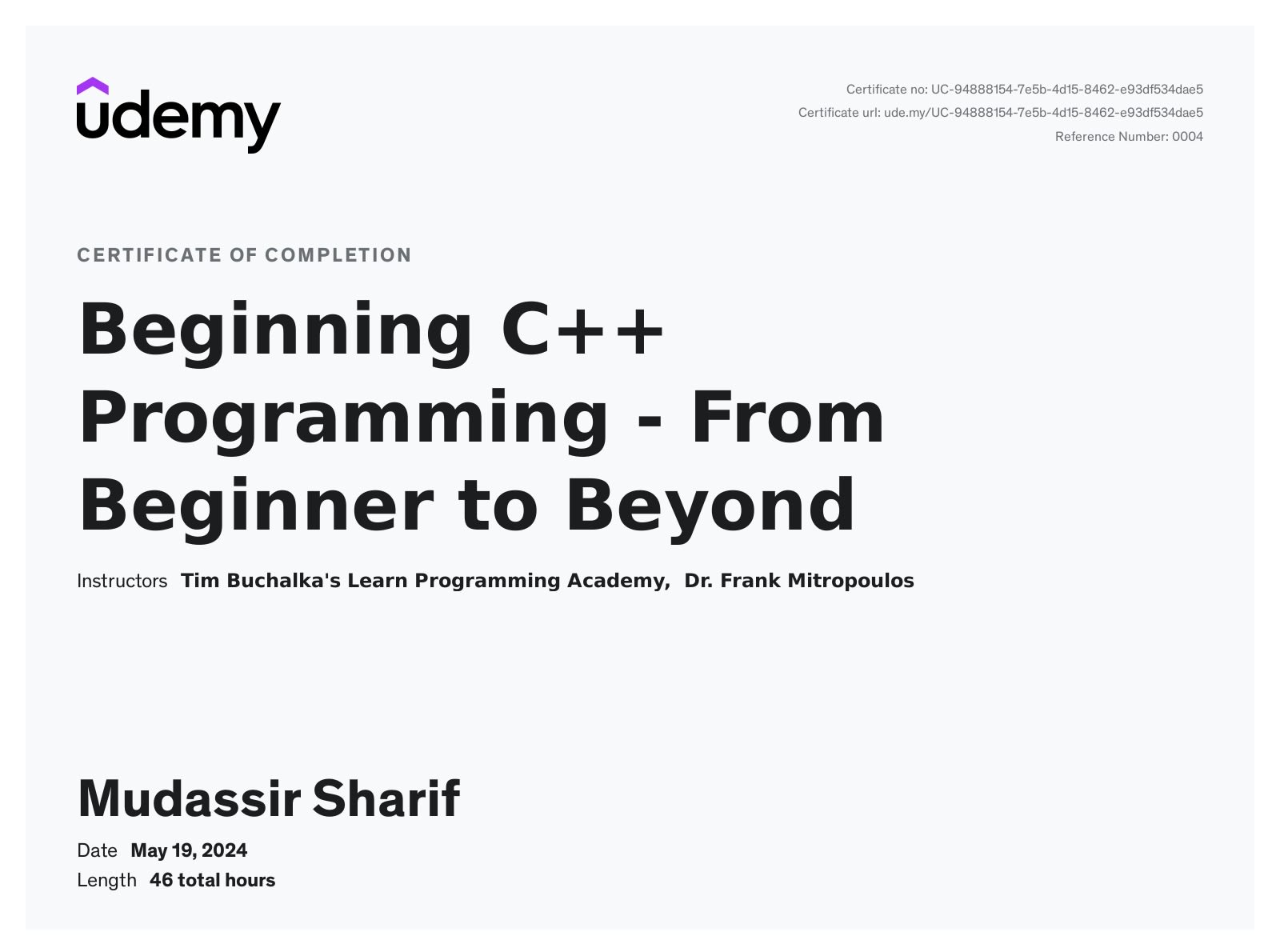 C++ Programming - From Beginner to Beyond. Certificate