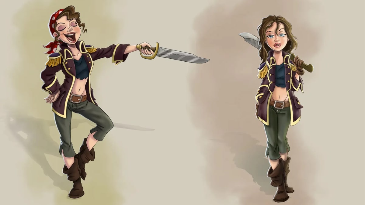 Hoja de diseño de personaje: una pirata ilustrada en dos actitudes, riendo con el sable extendido y seria con el sable al hombro. Imagen de la TRAZOS talk «El personaje antes de la animación», con Miguel Alaminos, diseñador y supervisor de personajes de animación, en TRAZOS Madrid