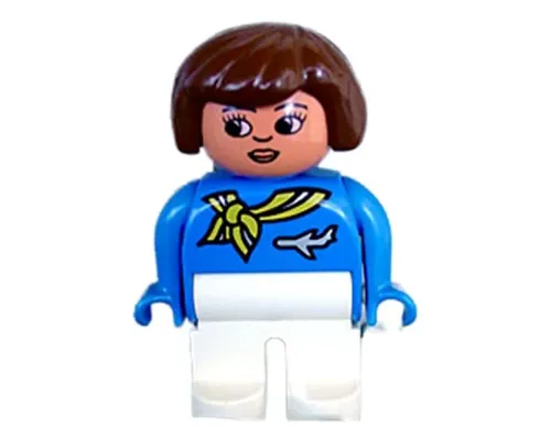 Duplo Figure, Flight Attendant - Female, White Legs, Blue Top with Scarf with Stripe and Jet Airplane Pin Pattern, Brown Hair, Nougat Head with Lips and Turned Down Nose Image