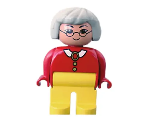 Duplo Figure - Female, Adult Woman, Yellow Legs, Red Top with Collar, Buttons, and Brooch Pattern, Light Gray Hair, Nougat Head (75500) Image