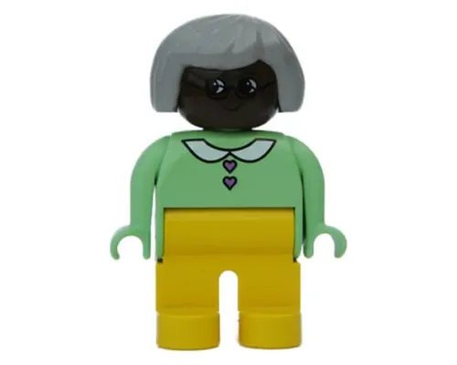 Duplo Figure - Female, Adult Woman, Yellow Legs, Medium Green Top with Collar and Heart Buttons Pattern, Light Gray Hair, Brown Head (75506) Image