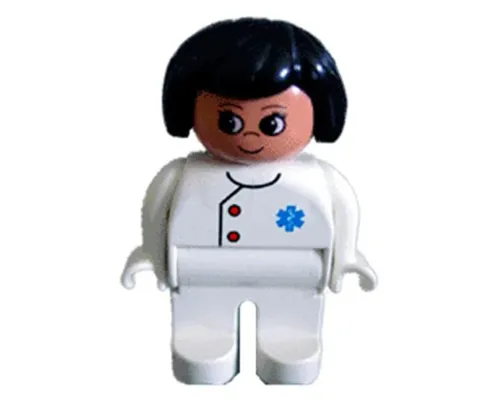 Duplo Figure, Doctor / Medic - Female, Adult Woman, White Legs, White Top with Buttons and EMT Star of Life Pattern, Black Hair, Nougat Head Image