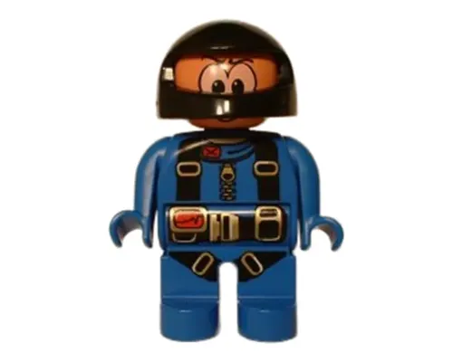 Duplo Figure, Male Action Wheeler, Blue Racing Suit with Harness Straps, Black Racing Helmet (4141891) Image