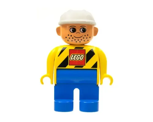 Duplo Figure, Male, Blue Legs, Yellow Top with LEGO Logo on Black Danger Stripes, White Construction Hat (4120077) Image