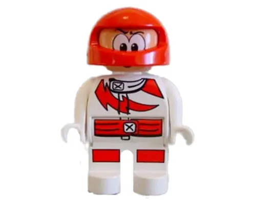 Duplo Figure, Male Action Wheeler, White Legs, White Top with Racer Red Lightning Bolt and Lines, Red Helmet with Large Eyes (4141889) Image