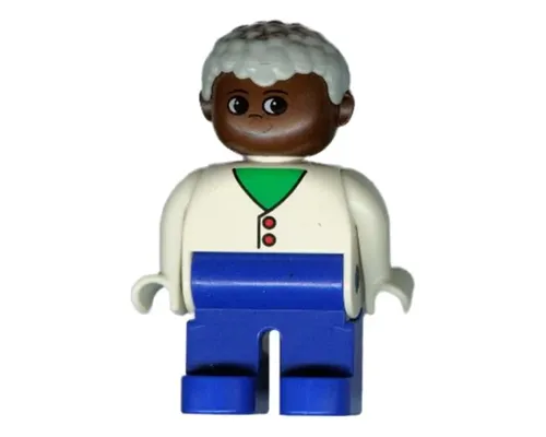 Duplo Figure - Male, Adult Man, Blue Legs, White Top with Buttons over Shirt Pattern, Light Gray Hair, Brown Head (75505) Image