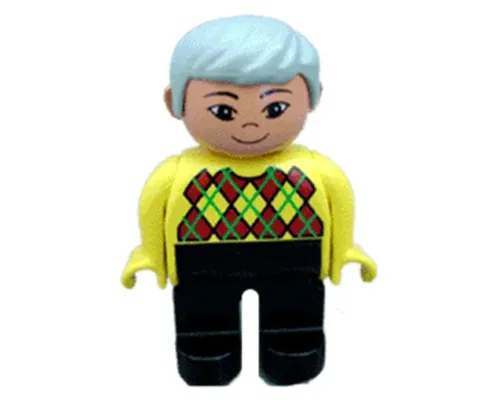 Duplo Figure - Male, Adult Man, Black Legs, Yellow Top with Argyle Pattern, Light Gray Hair, Nougat Head (75499) Image