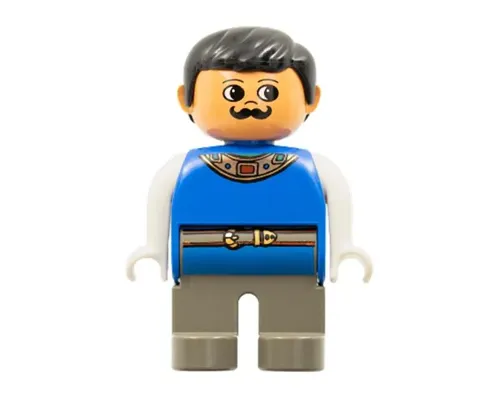 Duplo Figure, Male, Dark Gray Legs, Blue Top with Gold Necklace and Belt, Moustache (4171807) Image