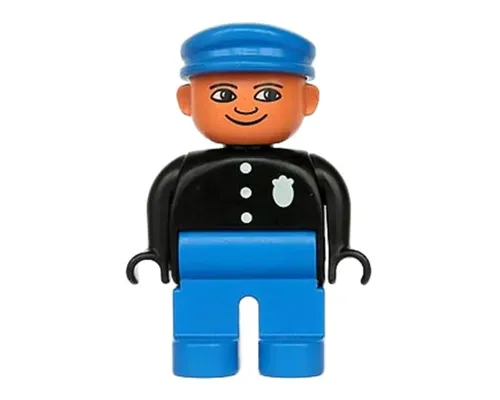 Duplo Figure, Police Officer - Male, Adult Man, Blue Legs, Black Top with Buttons and Badge Pattern, Blue Hat, Nougat Head with Turned Down Nose Image