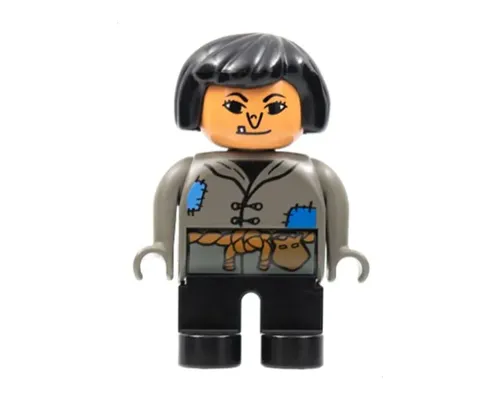 Duplo Figure, Female, Black Legs, Dark Gray Top with Blue Patches, Black Hair, Wart on Nose, Tooth (4171786) Image