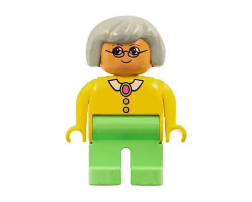 Duplo Figure - Female, Adult Woman, Medium Green Legs, Yellow Top with Collar, Buttons, and Brooch Pattern, Light Gray Hair, Nougat Head (75484) Image