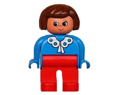 Duplo Figure - Female, Adult Woman, Red Legs, Blue Top with Lace Collar Pattern, Brown Hair, Nougat Head (75472) Image