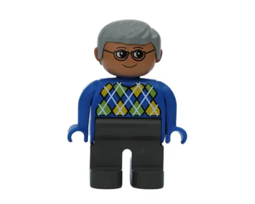 Duplo Figure - Male, Adult Man, Dark Gray Legs, Blue Top with Argyle Pattern, Light Gray Hair, Nougat Head (75488) Image