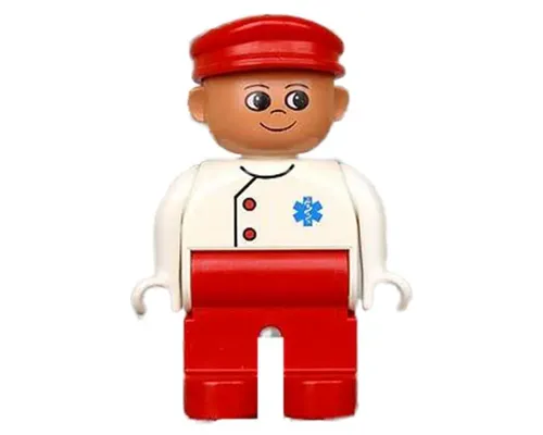 Duplo Figure, Doctor / Medic - Male, Adult Man, Red Legs, White Top with Buttons and EMT Star of Life Pattern, Red Cap, Nougat Head Image