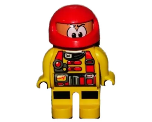Duplo Figure, Male Action Wheeler, Yellow Legs, Yellow Top with Racer Pattern, Red Racing Helmet (4141909) Image