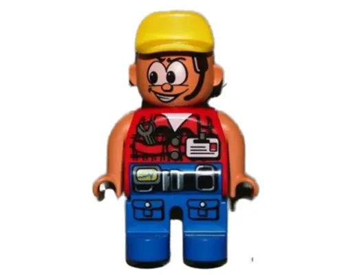 Duplo Figure, Male Action Wheeler, Blue Legs with Belt & Pockets, Red Vest with Wrench & ID, Yellow Cap (4141906) Image