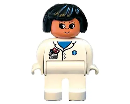 Duplo Figure, Female Medic, White Legs, White Top with Pocket and EMT Star of Life Pattern, Black Hair Image