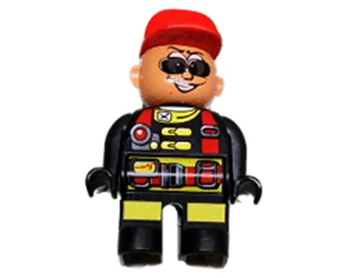 Duplo Figure, Male Action Wheeler, Black Legs with Yellow Patches, Red Straps, Sunglasses, Red Cap (4141905) Image