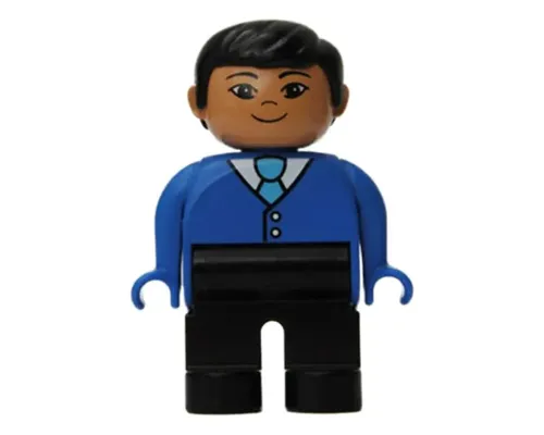 Duplo Figure - Male, Adult Man, Black Legs, Blue Top with Buttons and Tie Pattern, Black Hair, Nougat Head (75497) Image