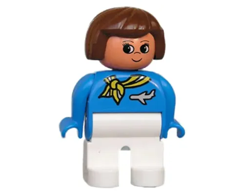 Duplo Figure, Flight Attendant - Female, White Legs, Blue Top with Scarf with Stripe and Jet Airplane Pin Pattern, Brown Hair, Nougat Head with Grin and Turned Up Nose (75515) Image