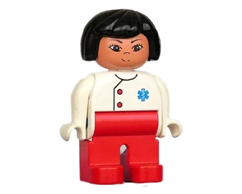 Duplo Figure, Doctor / Medic - Female, Adult Woman, Red Legs, White Top with Buttons and EMT Star of Life Pattern, Black Hair, Nougat Head (75498) Image