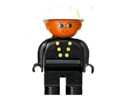 Duplo Figure, Firefighter - Male, Adult Man, Black Legs, Black Top with Buttons Pattern, White Fire Helmet, Dark Orange Head (75509) Image