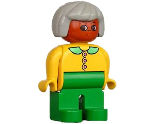Duplo Figure - Female, Adult Woman, Green Legs, Yellow Top with Collar and Buttons Pattern, Light Gray Hair, Dark Orange Head (75512) Image