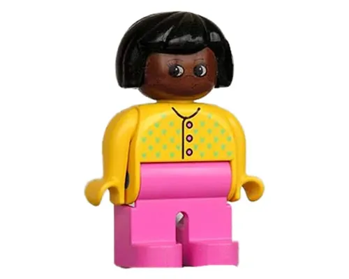 Duplo Figure - Female, Adult Woman, Dark Pink Legs, Yellow Top with Buttons and V Stitching Pattern, Black Hair, Brown Head (75504) Image