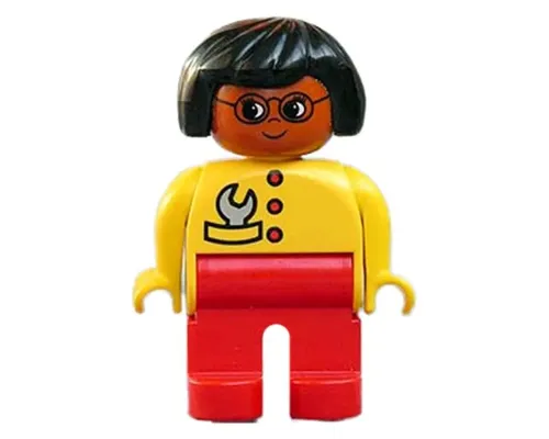 Duplo Figure - Female, Adult Woman, Red Legs, Yellow Top with Buttons and Wrench in Pocket Pattern, Black Hair, Dark Orange Head (75510) Image