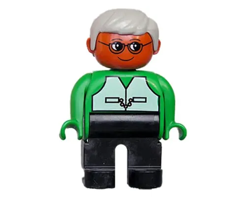Duplo Figure - Male, Adult Man, Black Legs, Green Top with Vest Pattern, Gray Hair, Dark Orange Head (75511) Image