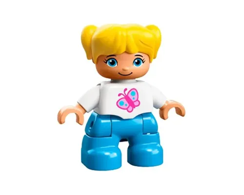 Duplo Figure Lego Ville, Child Girl, Dark Azure Legs, White Top with Pink Butterfly, Yellow Hair with Pigtails (6136453 / 6228500) Image