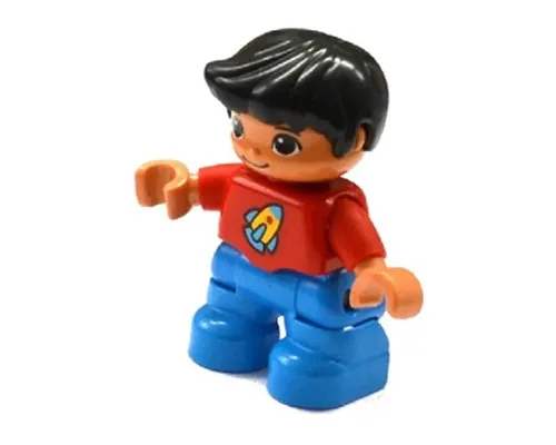 Duplo Figure Lego Ville, Child Boy, Dark Azure Legs, Red Top with Space Rocket Ship, Black Hair (6136449 / 6233698) Image