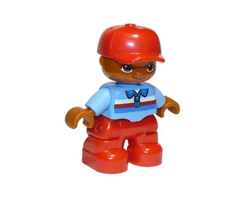 Duplo Figure Lego Ville, Child Boy, Red Legs, Medium Blue Top with Zipper and Blue, Red and White Stripes, Red Cap, Oval Eyes (6179301 / 6233837) Image